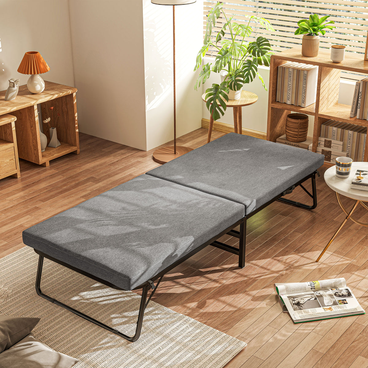 Cama Dobrável 70x180 cm com Colchão de Espuma Cama Dobrável com Encosto Ajustável em 5 Posições e Rodas Cama para Convidados Carga 120 kg Cinza — foto 2