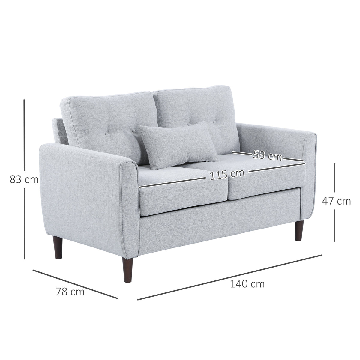 Sofá de 2 lugares Poltrona de dois lugares para sala de estar com almofadas e assento acolchoado fronha lavável 140x78x83 cm cinza claro — foto 3