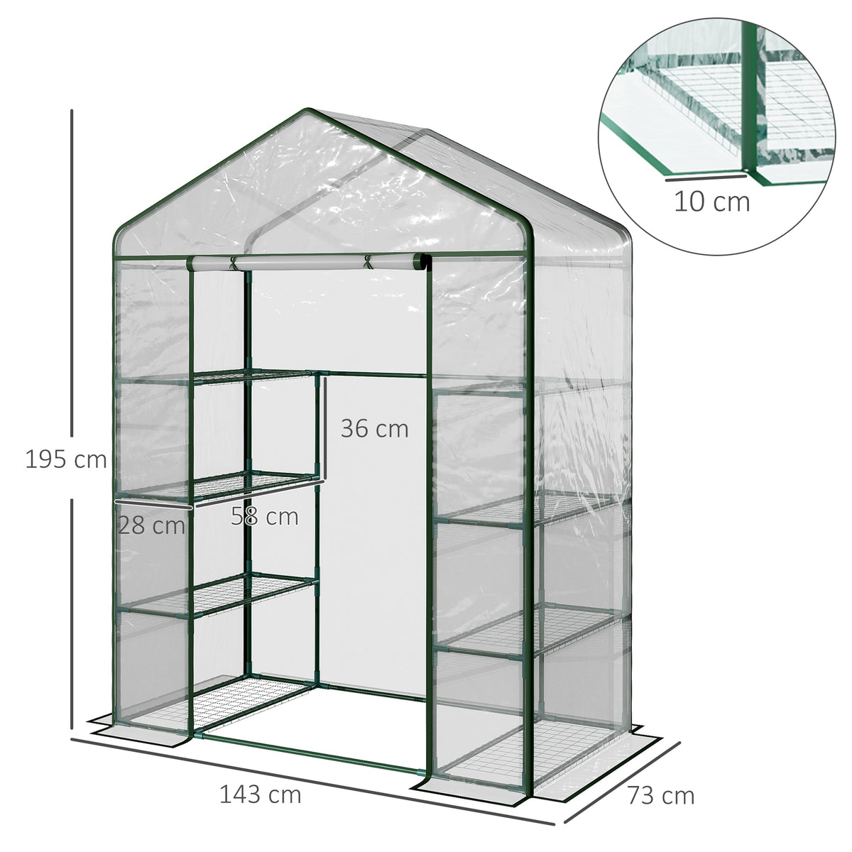 Estufa de Jardim Estufa para Cultivo de Plantas com 8 Prateleiras Cobertura de PVC e Estrutura de Aço 143x73x195 cm Transparente e Verde — foto 3