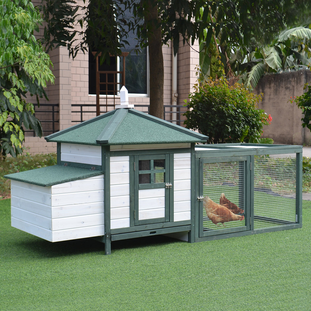 Galinheiro de Madeira de Abeto para Galinhas de Exterior com Caixa Ninho Bandeja Removível e Espaço para Correr 196x76x97 cm Verde — foto 2