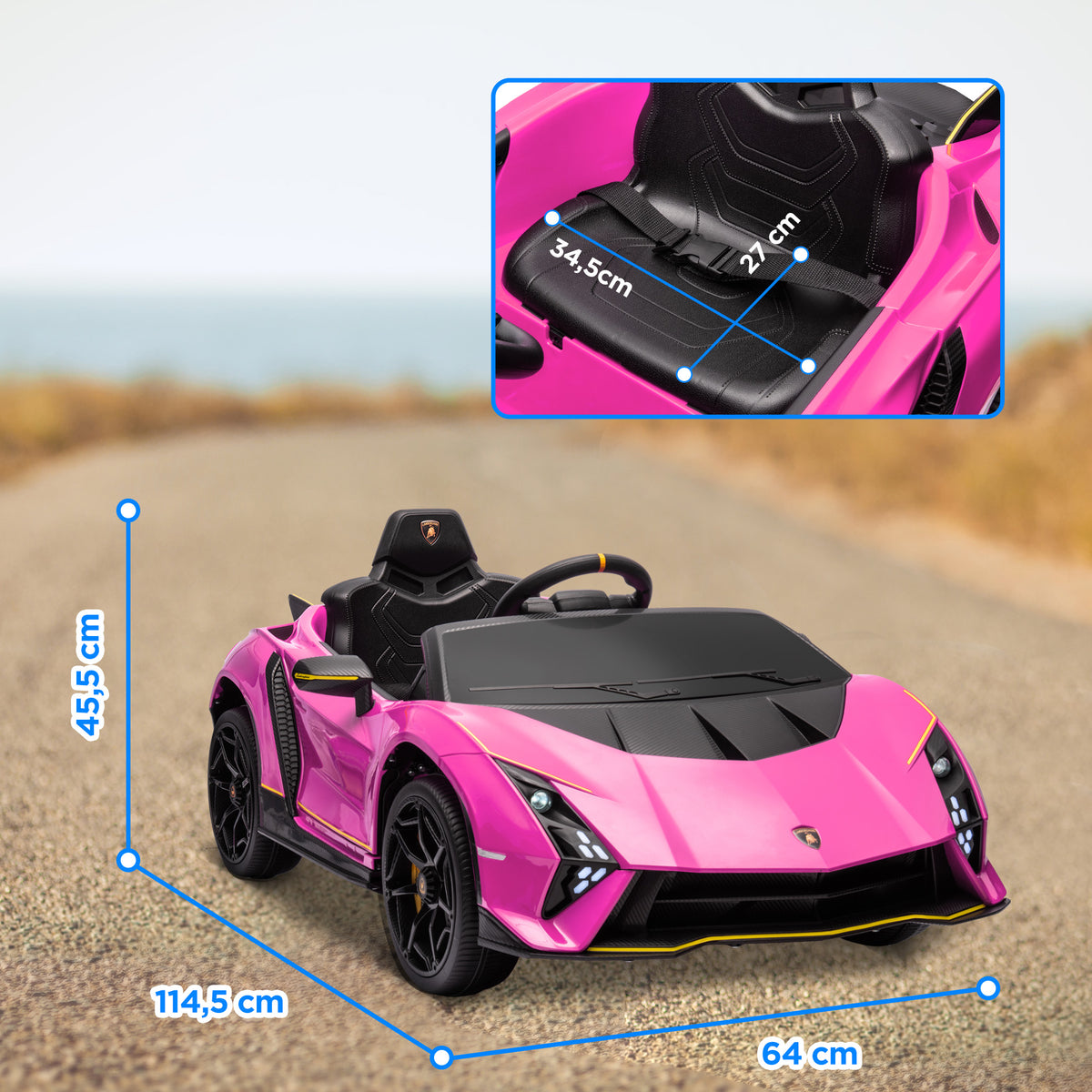 Carro Elétrico para Crianças acima de 3 Anos Carro Elétrico Lamborghini com Bateria 12V Controlo Remoto Faróis Buzina Arranque Lento e Música MP3 114,5x64x45,5 cm Rosa — foto 3