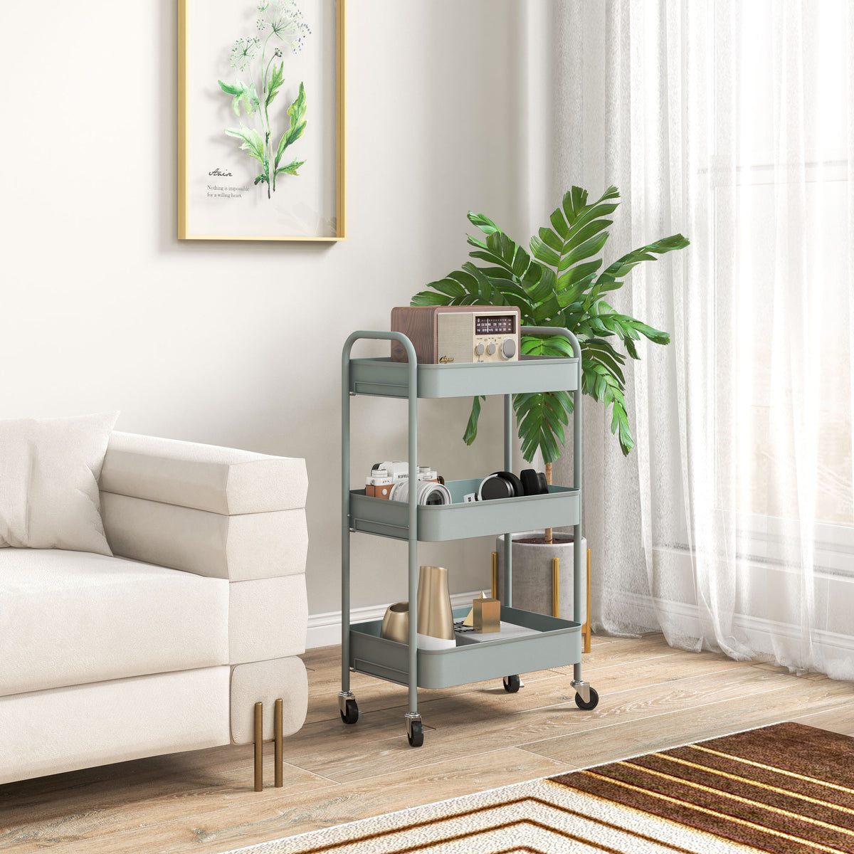 Carrinho Auxiliar de 3 Níveis com Rodas Carrinho de Armazenamento Deslizante com 3 Prateleiras 4 Rodas e 2 Travões para Cozinha Sala 45x30.6x79 cm Azul Claro — foto 2