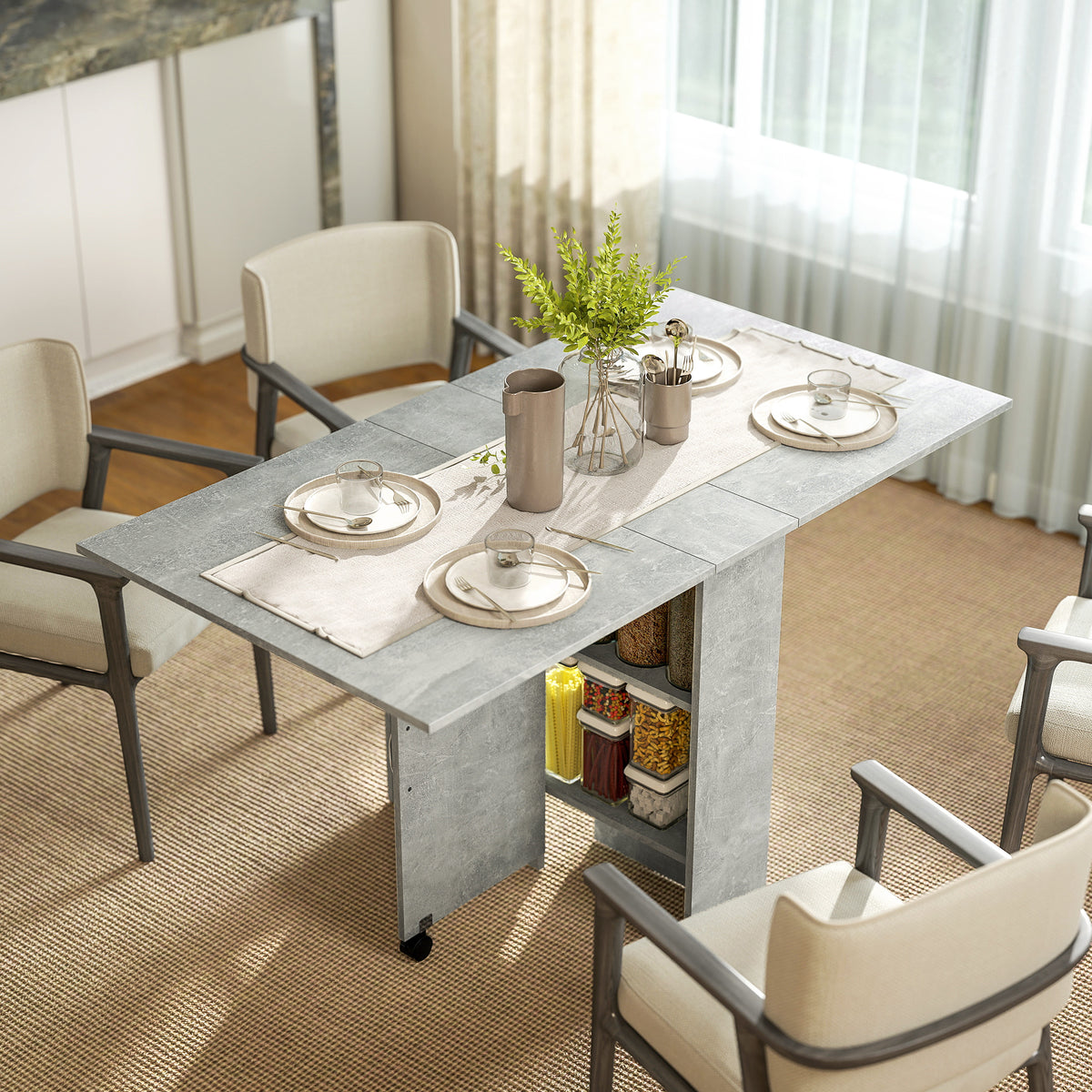 Mesa de Sala de Jantar Dobrável Mesa de Madeira com 2 Prateleiras de Armazenamento e Rodas para Cozinha 75x140x74 cm Cinza — foto 2