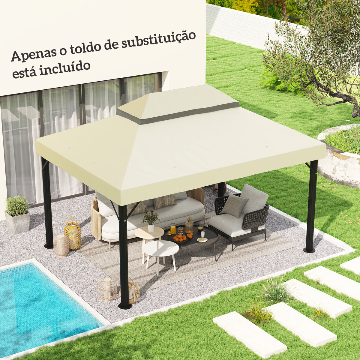 Toldo de Substituição para Pérgola 4x3 m Toldo para Pérgola com Teto Duplo Mosqueteira Proteção UV 30+ Toldo de Substituição para Pérgula Creme — foto 2