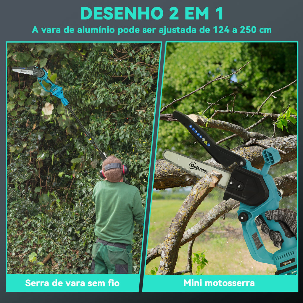 Mini Motosserra a Bateria 8 Polegadas 6000mAh Motosserra Elétrica com Motor sem Escovas de 580W 2 Baterias Mastro Telescópico e Bloqueio Duplo para Podar Árvores de Jardinagem e Madeira — foto 4