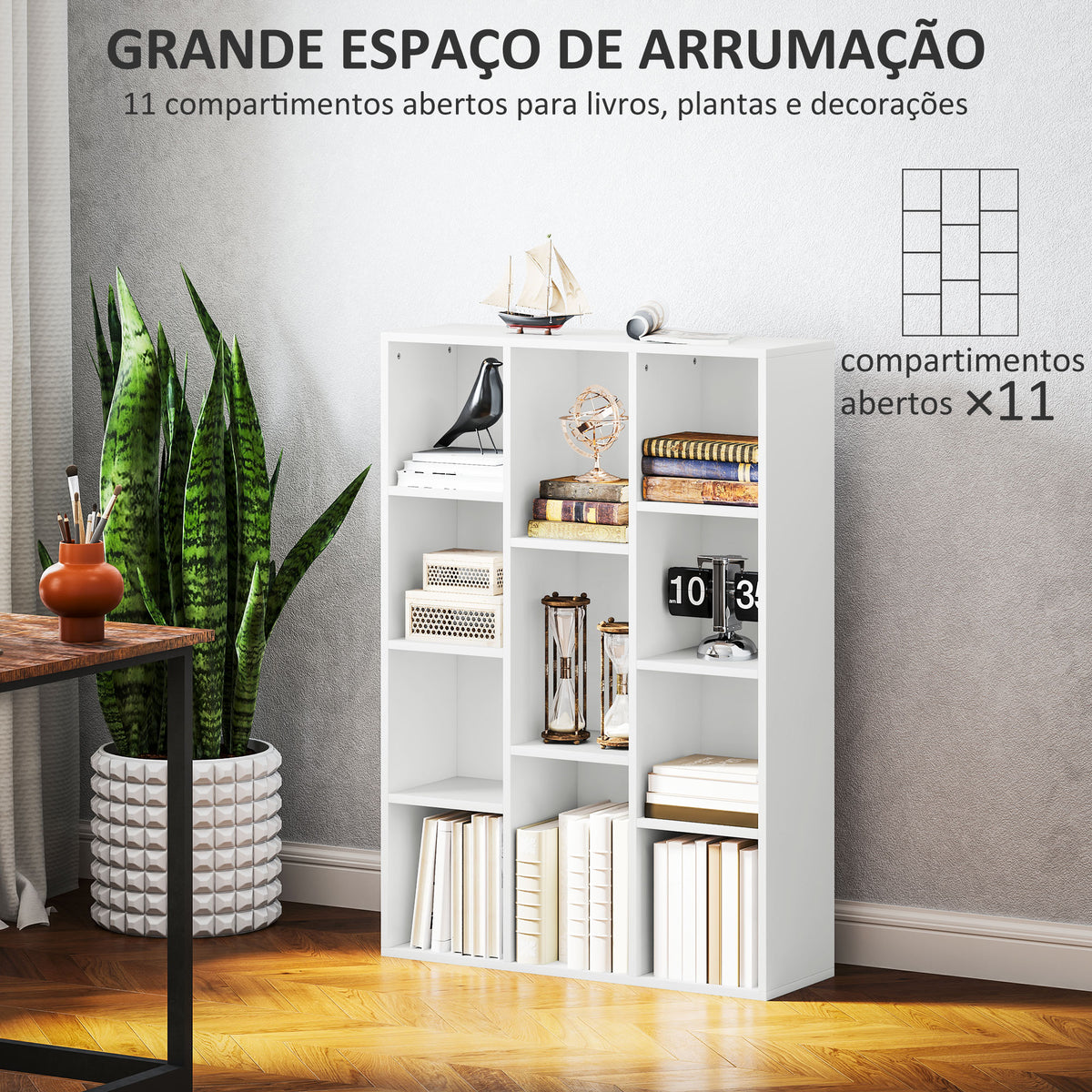 Estante de 3 Níveis Estante para Livros com 11 Compartimentos Desenho Vertical ou Horizontal para Sala de Estar Escritório Dormitório 74,3x24x106 cm Branco — foto 4