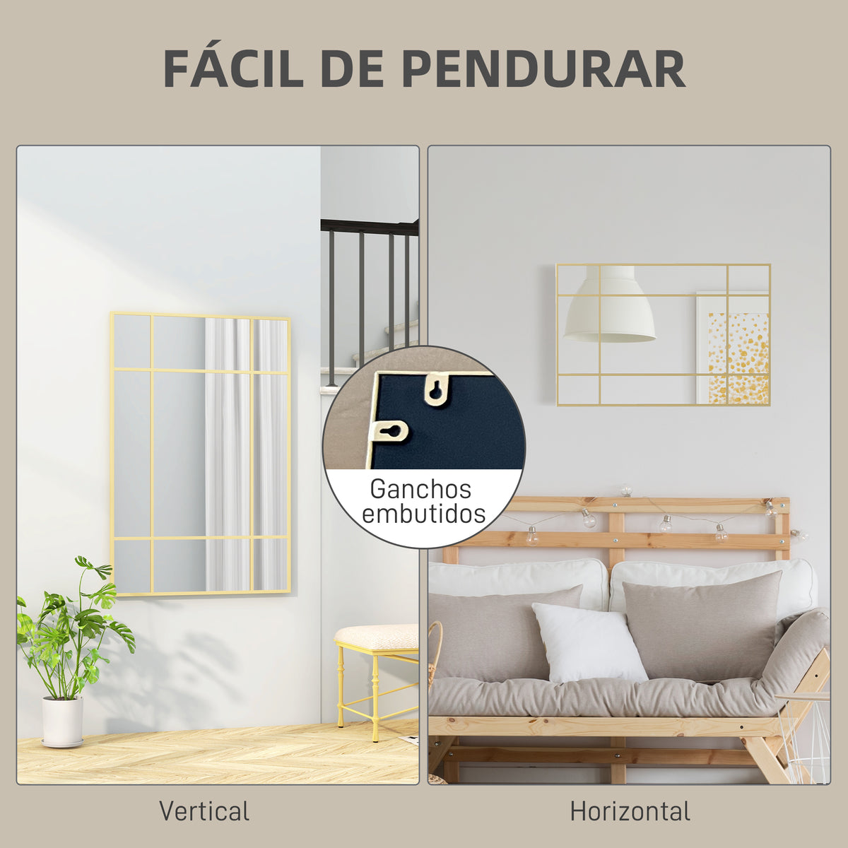 Espelho de Parede Retangular Espelho Estilo Janela 90x60 cm com Moldura de Metal Espelho Decorativo para Sala Quarto Entrada Dourado — foto 5