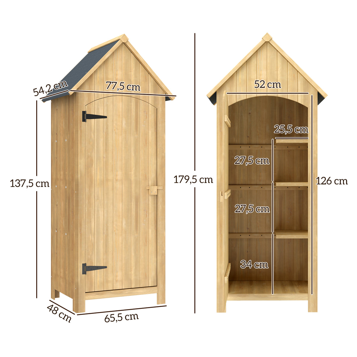 Armário Jardim de Madeira 77,5x54,2x179,5 cm 0,3 m² Abrigo de Exterior Armário para Arrumação de Ferramentas com 3 Prateleiras e 2 Portas com Fecho para Pátio Terraço Madeira — foto 3