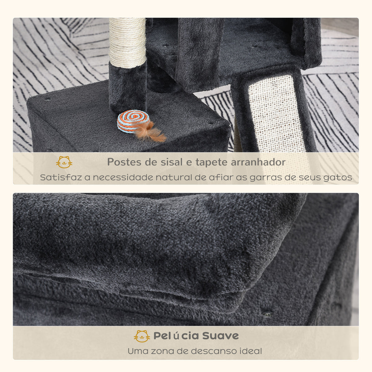 Arranhador para Gatos com Postes e Placa de Arranhar em Sisal Caverna Cama com Borda Elevada e Tato Suave 59x39x83 cm Cinza Escuro — foto 5