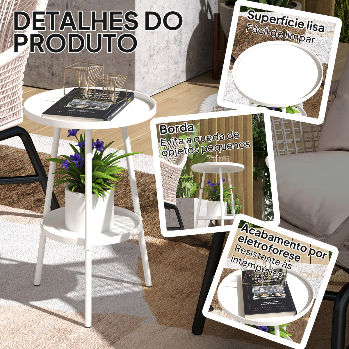 Mesa de Jardim Redonda de 2 Níveis Mesa de Exterior Ø32x51 cm com Bandeja Inferior e Estrutura de Metal Mesa para Exterior e Interior Branco — foto 5