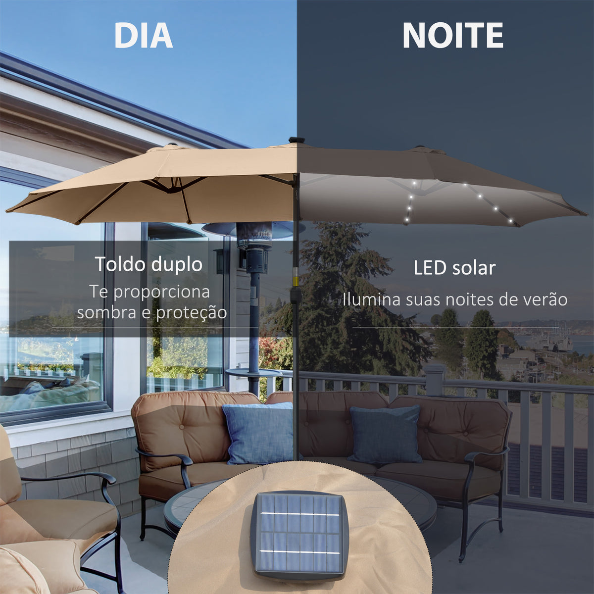 Guarda-Sol Duplo com 48 Luzes LED, 4,5x2,65 m, Guarda-Sol Exterior com Manivela Manual, Resistente à Água e Proteção Solar, Ideal para Terraço, Jardim, Pátio e Piscina, Bege — foto 4