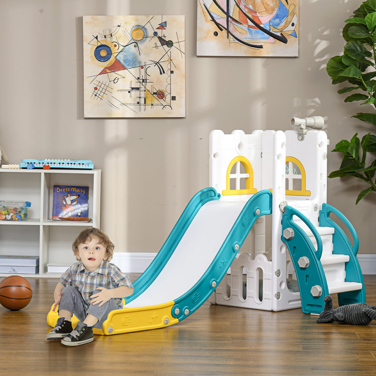 Escorrega Infantil 4 em 1 para Crianças de 1-3 Anos com Cesto de Basquetebol Telescópio Escalador e Espaço de Arrumação para Interior e Exterior 70x177x92 cm Amarelo e Verde — foto 2