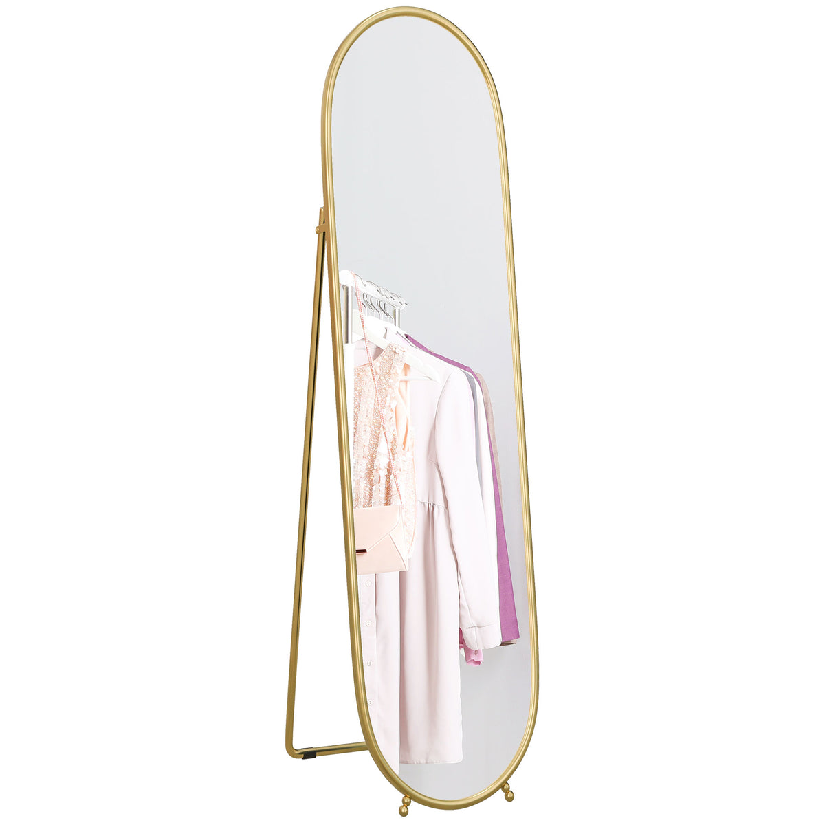 Espelho de Pé 160x40 cm Espelho de Corpo Inteiro com Moldura Metálica Espelho de Parede Oval com Suporte e 2 Formas de Utilização para Sala de Estar Entrada e Quarto Dourado — foto 1