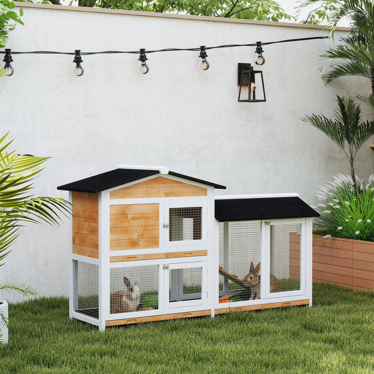 Coelheira de Madeira Exterior Gaiola para Coelhos de 2 Níveis com Teto Asfáltico 2 Cercados de Metal Bandeja Removível 3 Portas e Rampa 157,4x53x93,5cm Natural — foto 2