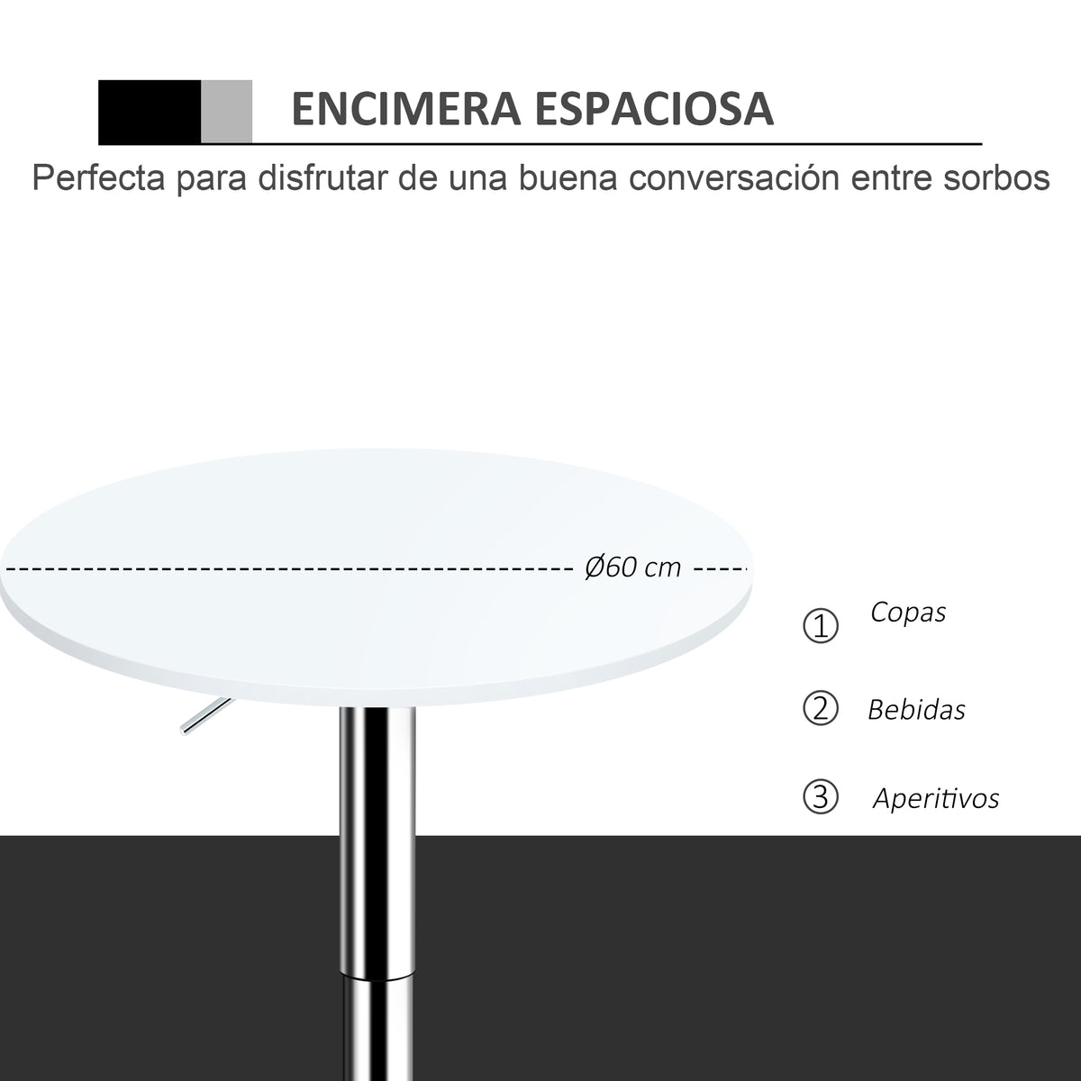 Mesa de bar ajustável em altura com base redonda e antideslizante para cozinha sala de jantar Ø60x69-93 cm Branco — foto 7