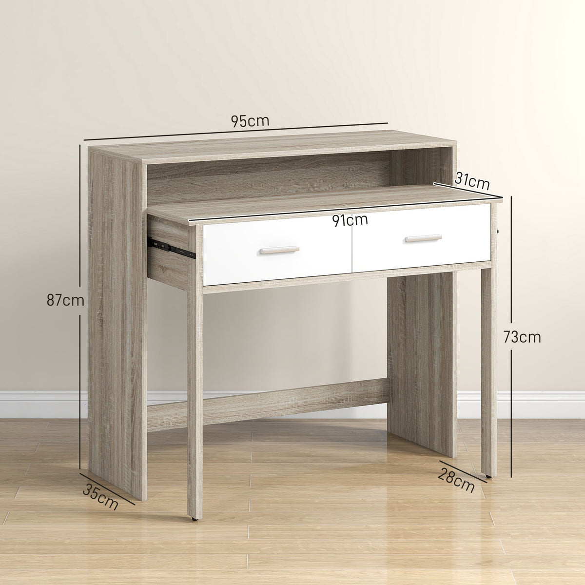 Mesa Consola Moderna de Entrada de 2 Níveis com Trilhos Deslizantes 2 Gavetas 2 Rodas Anti-Tombo Móvel de Entrada para Sala de Estar Corredor 95x35x87 cm Madeira e Branco — foto 3