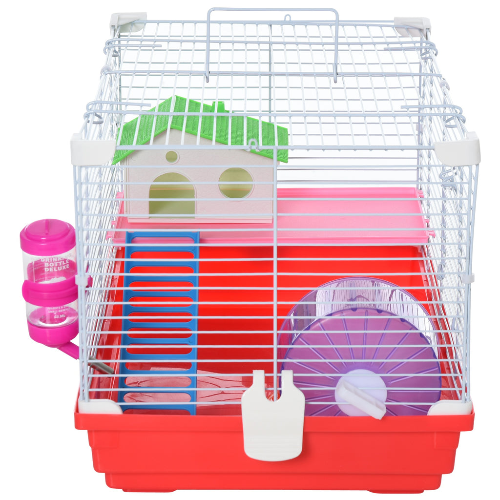 Gaiola para Hamster, Casa para Roedores Pequenos com Roda de Exercício, Comedouro, Bebedouro, Casinha, Rampas, Plataforma, Bandeja Removível, para Gerbos, 47x30x27 cm, Vermelho — foto 9