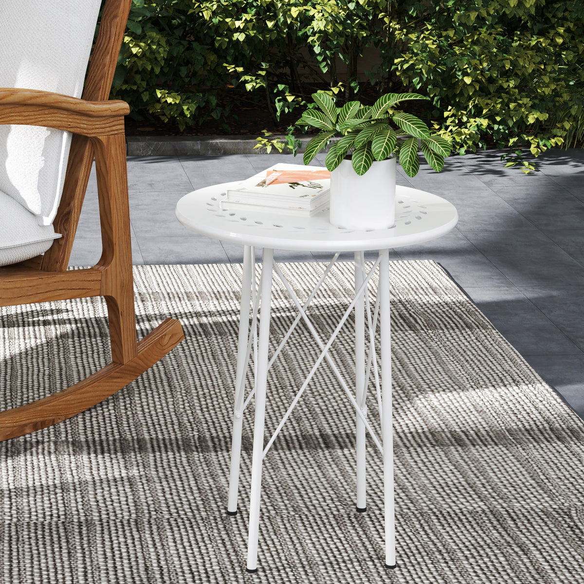 Mesa de Jardim Redonda Mesa de Varanda Ø40x50 cm com Pés Ajustáveis e Estrutura em Forma de X Mesa para Exterior e Interior Branco — foto 2