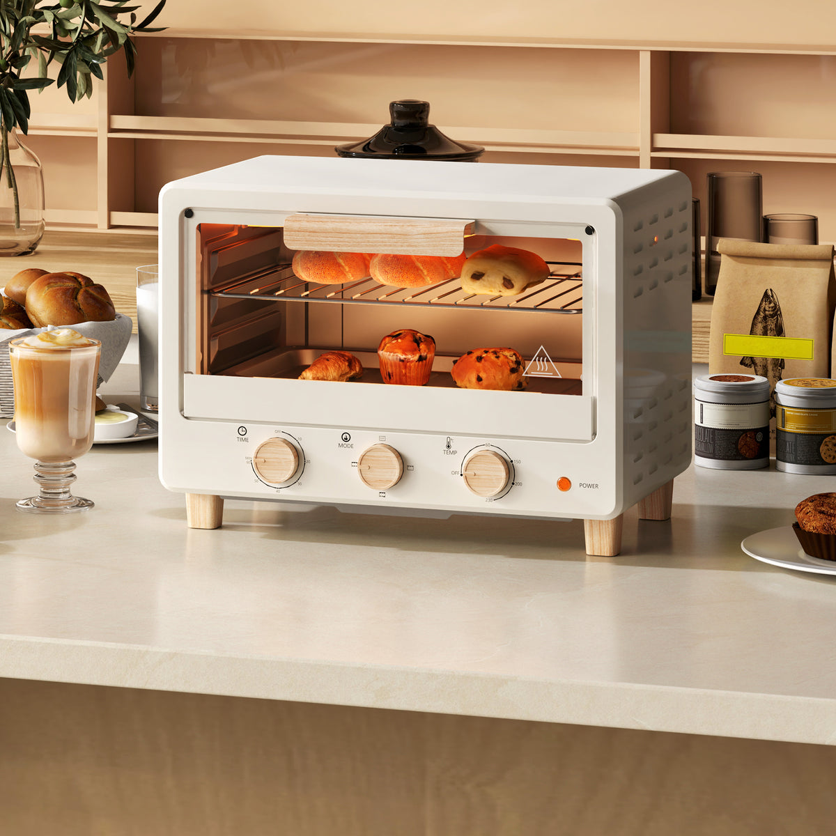 Forno Elétrico de Mesa Mini Forno de 16L Forno Elétrico com Porta de Vidro Temporizador e Temperatura Ajustável até 230℃ 39x27,5x28,8 cm Creme — foto 2
