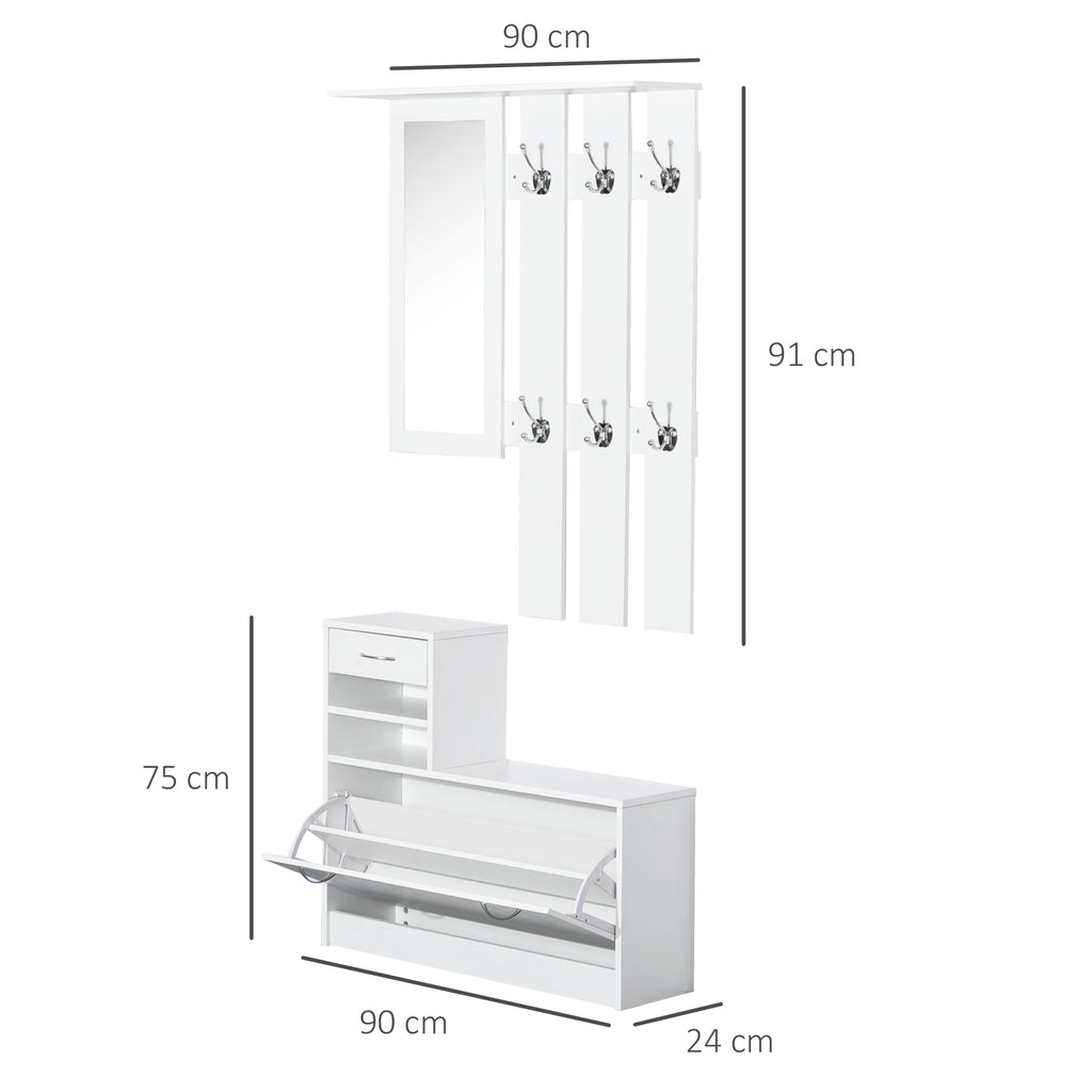 Móvel Cabide de Entrada de 3 Peças Armário de Entrada com Cabide Espelho Sapateira e Gaveta 90x10x102 cm Branco — foto 3