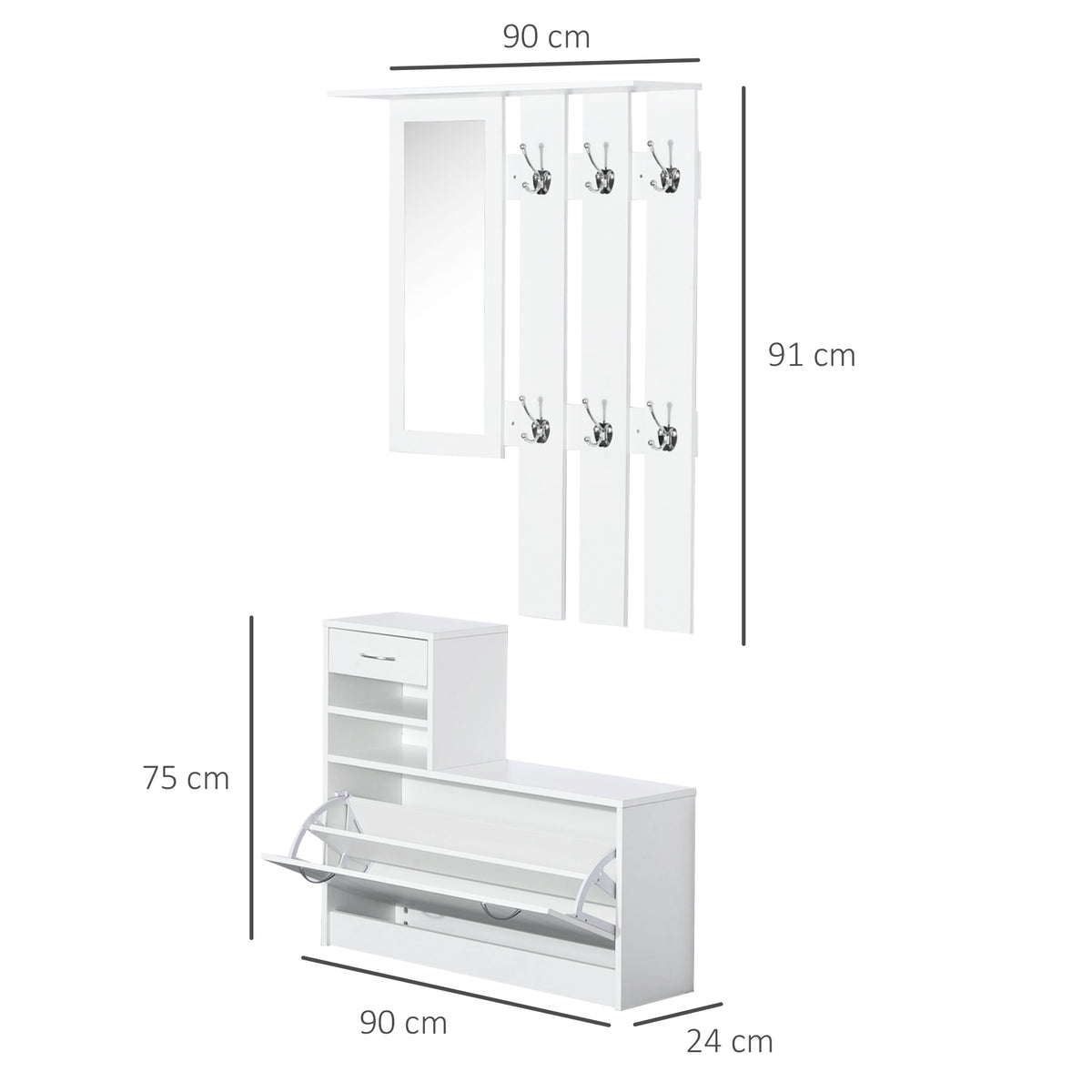 Móvel Cabide de Entrada de 3 Peças Armário de Entrada com Cabide Espelho Sapateira e Gaveta 90x10x102 cm Branco — foto 3