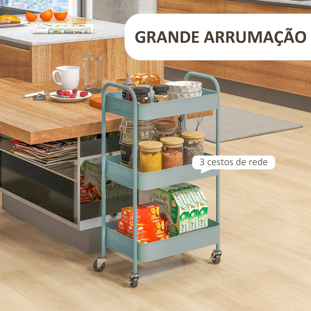 Carrinho Auxiliar de 3 Níveis com Rodas Carrinho de Armazenamento Deslizante com 3 Prateleiras 4 Rodas e 2 Travões para Cozinha Sala 45x30.6x79 cm Azul Claro — foto 4
