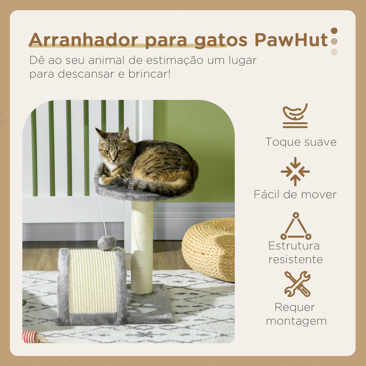 Arranhador para Gatos Pequena Altura 46 cm de 2 Níveis com Poste e Tapete de Arranhar Cama e Bola Suspensa 35,5x37x46 cm Cinza — foto 4
