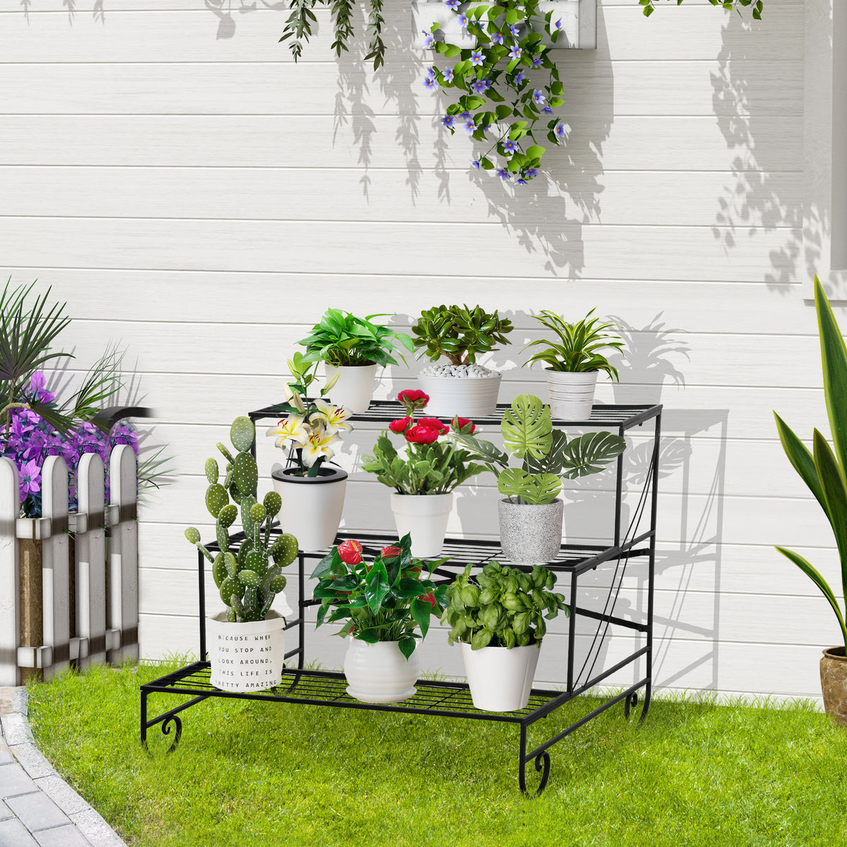 Suporte de Metal para Plantas de 3 Níveis em Forma de Escada Suporte de Flores Multifuncional para Decoração de Interiores e Exteriores 95x63x72cm Preto — foto 2