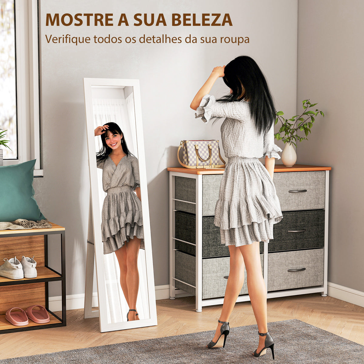 Espelho de Corpo Inteiro 37x155 cm Espelho de Pé Espelho de Parede Retangular com Estrutura de Madeira Decorativo para Sala de Estar Dormitório Corredor Branco com Veios — foto 4