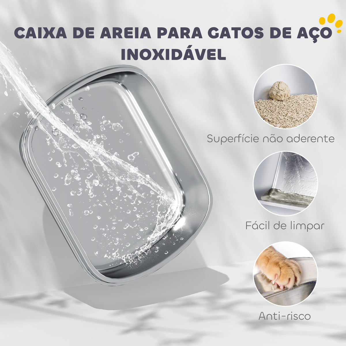 Caixa de Areia para Gatos em Aço Inoxidável XL Caixa de Areia para Gatos Grandes com Tampa Abatível Laterais Alta Entrada Superior Pá sem Odores Fácil de Limpar Antifugas 52,4x41,3x42 cm Branco — foto 4