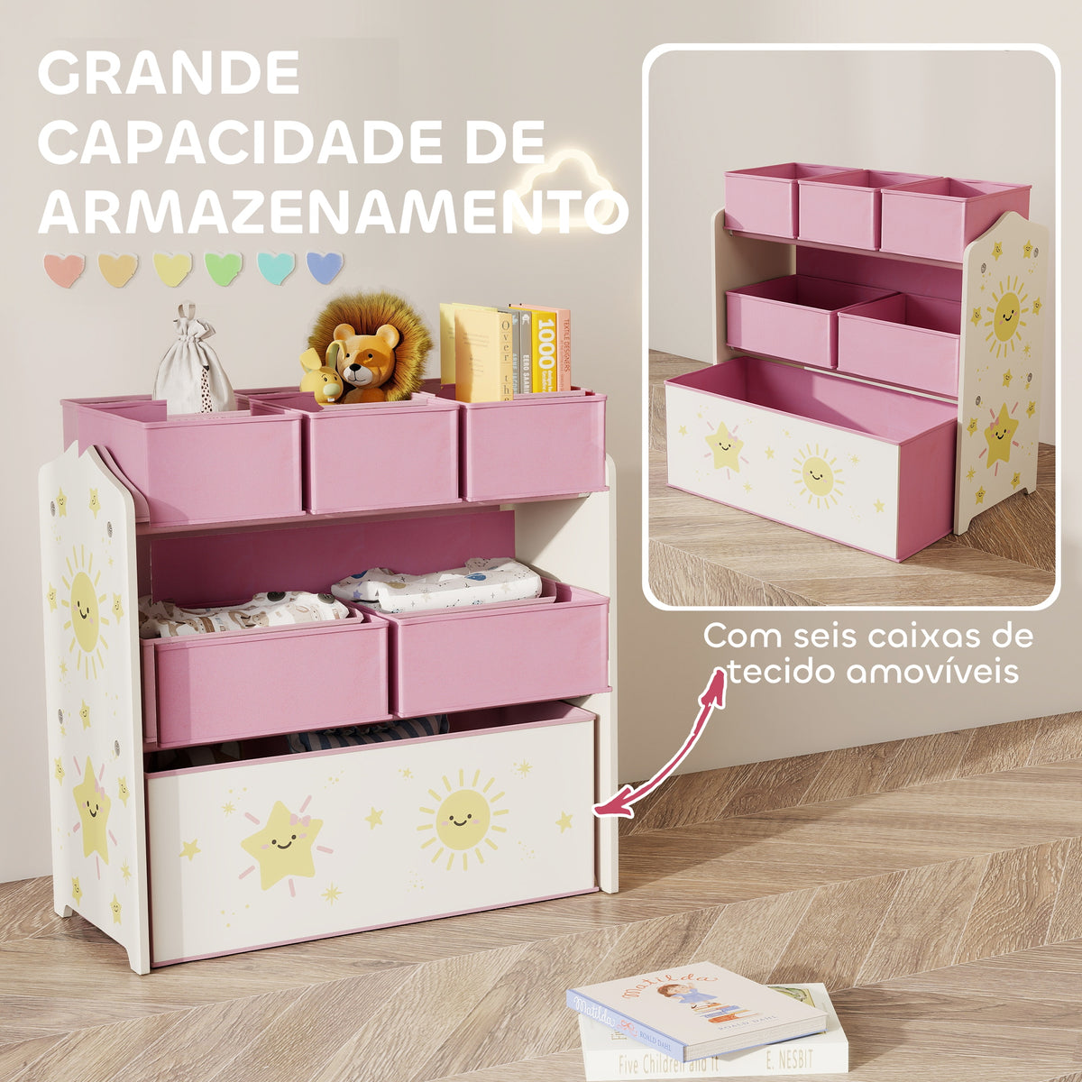 Estante Infantil para Brinquedos com 6 Caixas em Tecido Não Tecido Organizador de Brinquedos de 3 Níveis para Quarto Infantil Sala de Jogos Escola Infantil 63x30x66 cm Rosa — foto 4