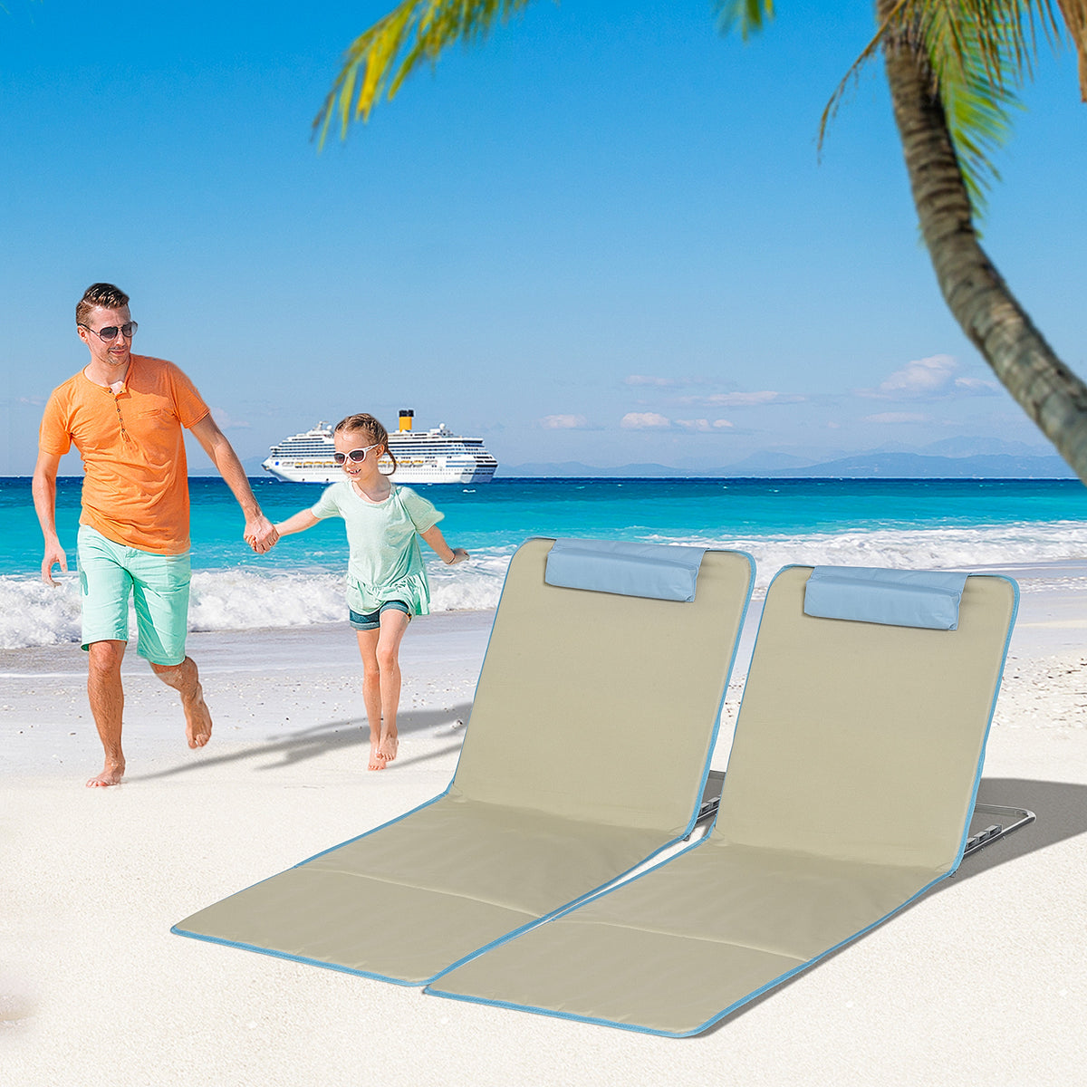 Conjunto de 2 Esteiras de Praia Dobráveis 124x53x50cm com Encosto Ajustável e Apoio para a Cabeça Esteira de Praia Tecido Oxford Aço com Bolsa de Transporte Bege e Azul — foto 2