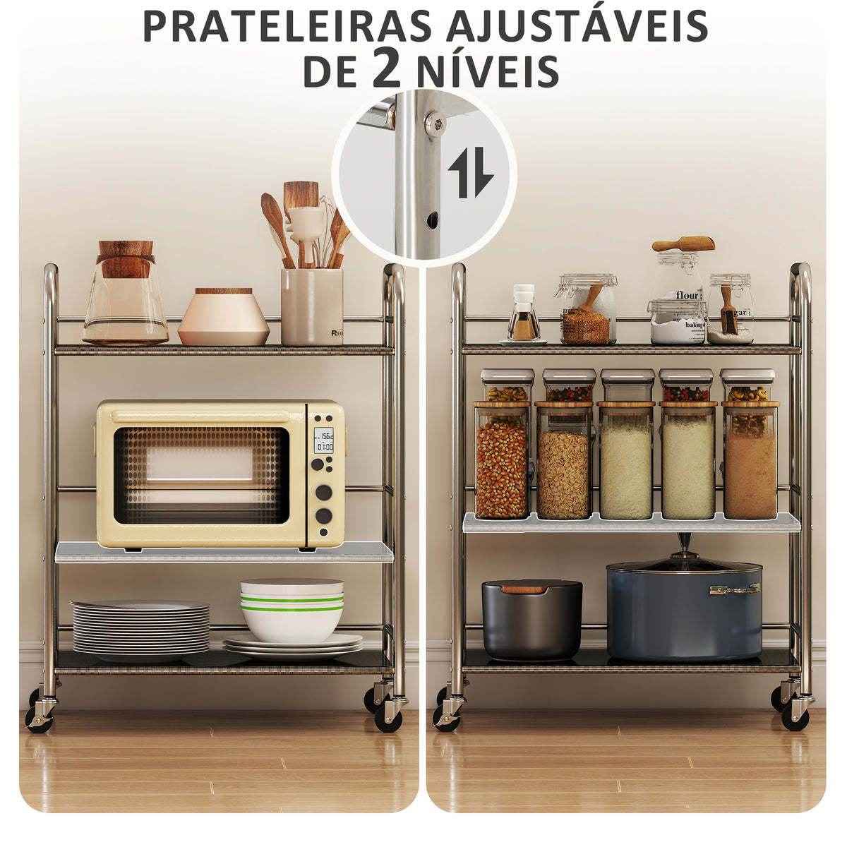 Carrinho Auxiliar com Rodas de Aço Inoxidável Carrinho de Serviço de 3 Níveis com Prateleira Ajustável 2 Rodas com Travão Carrinho para Cozinha 60x35x77 cm Prateado — foto 5