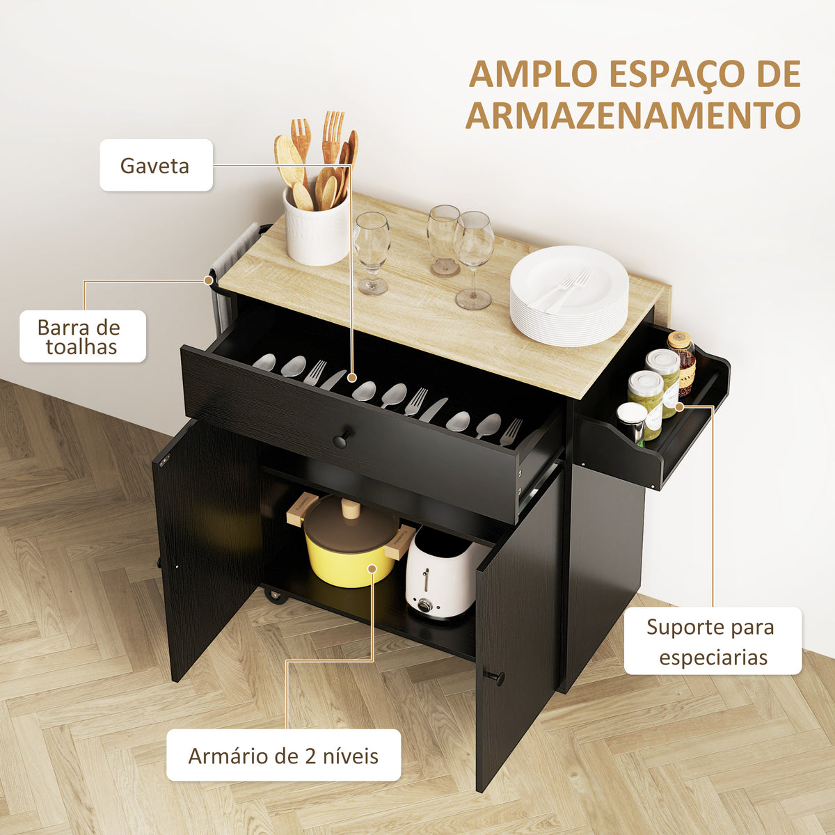 Ilha de Cozinha com Rodas Carrinho de Cozinha com Lateral Dobrável 2 Portas Gaveta Suporte para Temperos e Panos e Prateleira Ajustável 106x42x87 cm Preto e Carvalho — foto 5