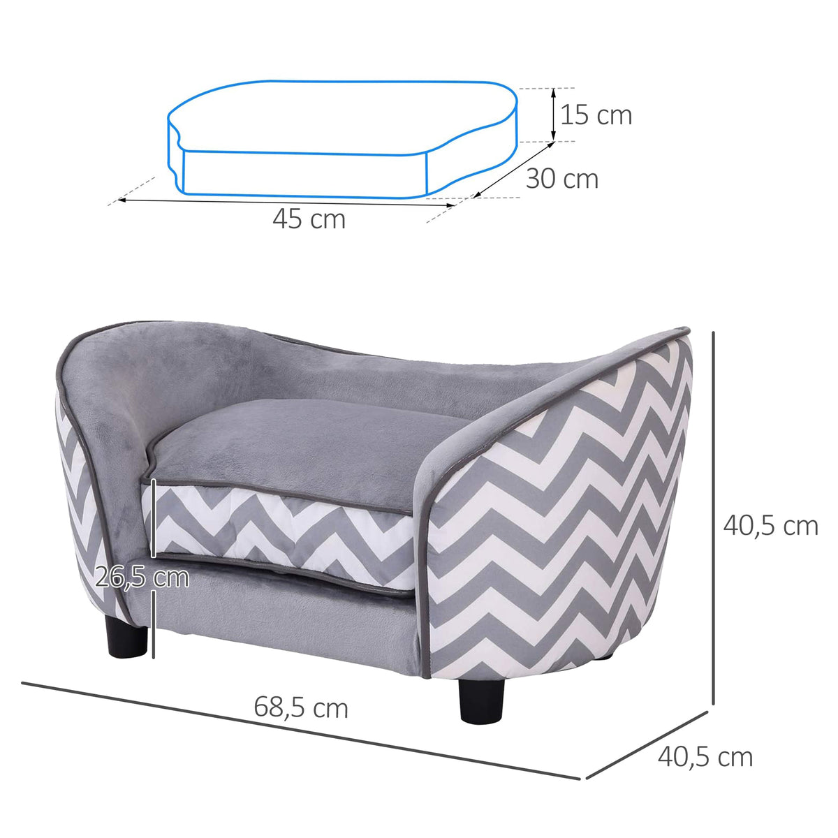 Sofá para animais de estimação Sofá acolchoado de madeira para cães e gatos com almofadas grossas e bolso de armazenamento 68,5x40,5x40,5 cm cinza — foto 3