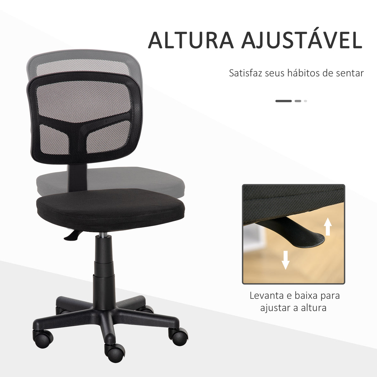 Cadeira de Escritório Operativa de Malha Cadeira de Escritório Giratória 360° com Altura Ajustável Suporte Lombar Respirável e Rodas 43x48x77,5-89,5cm Preto — foto 4