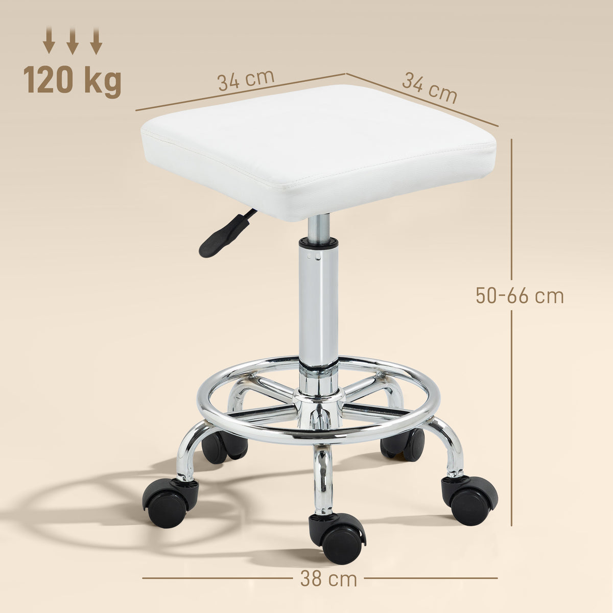 Banco Giratório Banco com Rodas Altura Regulável 50-66 cm Assento Estofado em Imitação de Couro Descanso para os Pés para Salões e Oficinas 34x34x50-66 cm Branco — foto 3