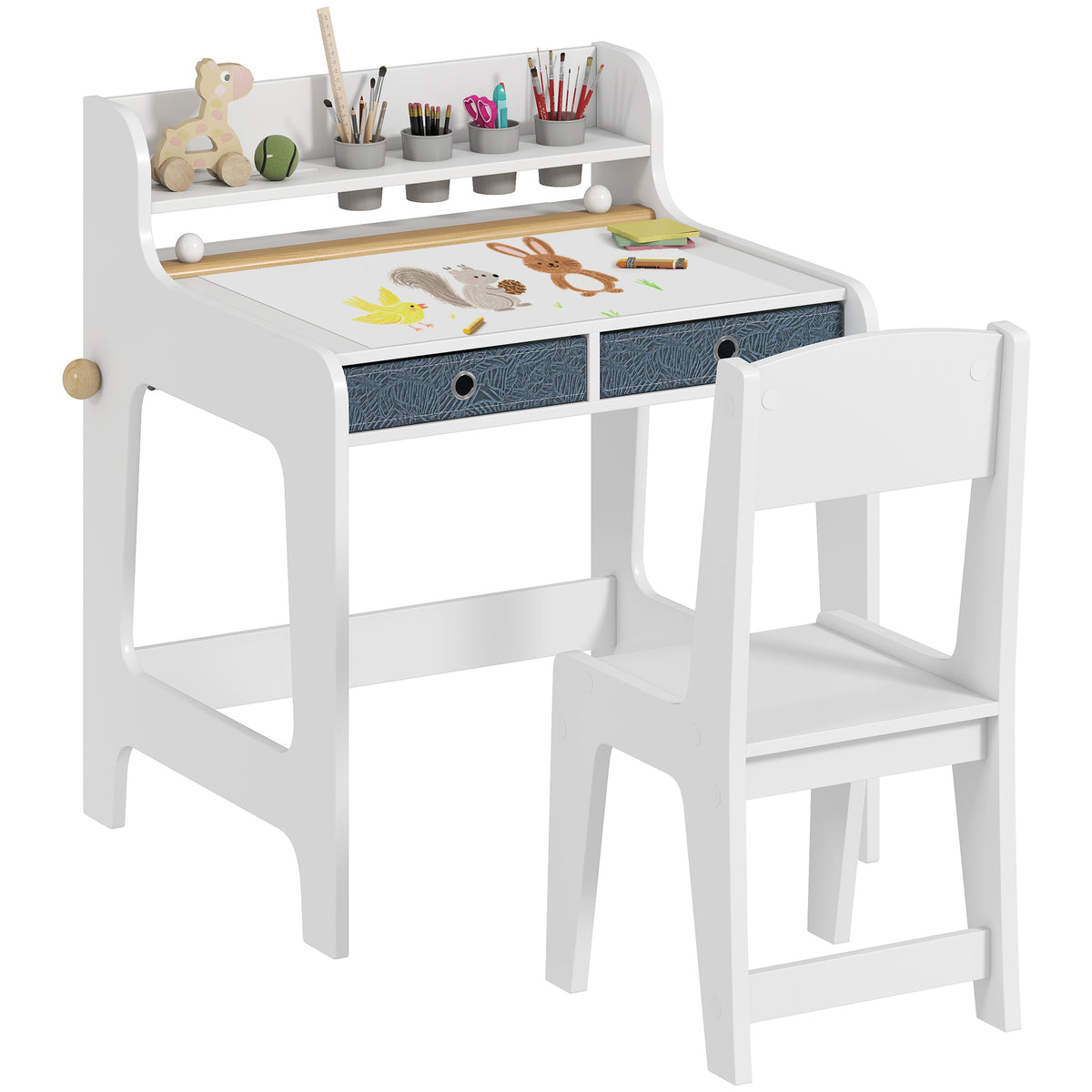 Secretária Infantil com Cadeira Secretária para Crianças com 2 Gavetas Extraíveis Estante e Porta-Copos para Estudar Ler e Desenhar Mesa para Crianças para Quarto Sala de Estudo Branco — foto 1