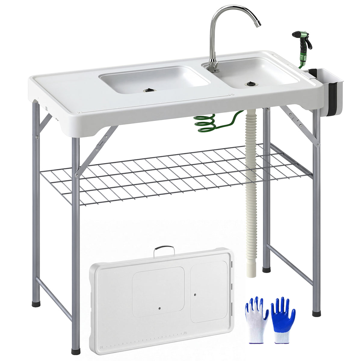 Mesa para Campismo Dobrável Mesa Mesa com 2 Lavatórios Mangueira de Drenagem Estação de Limpeza para Pesca Exterior 108x58x92 cm Branco — foto 1