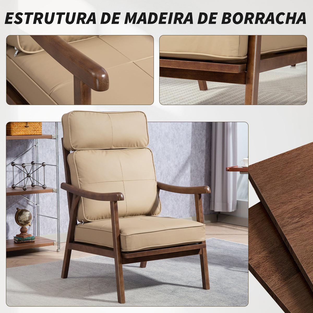 Poltrona de Sala de Estar Poltrona Estofada em PU com Estrutura de Madeira Almofadas Acolchoadas Espessas Poltrona de Leitura para Sala de Estar Quarto 63,5x83x105 cm Caqui e Madeira — foto 7
