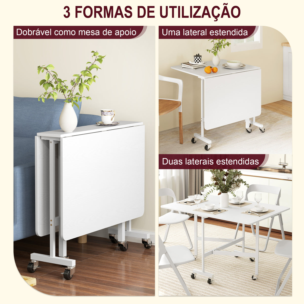 Mesa Dobrável de Cozinha para 4-6 Pessoas Mesa de Sala de Jantar Dobrável com Rodas e Laterais Dobráveis Mesa para Cozinha 120x80x73 cm Branco — foto 4