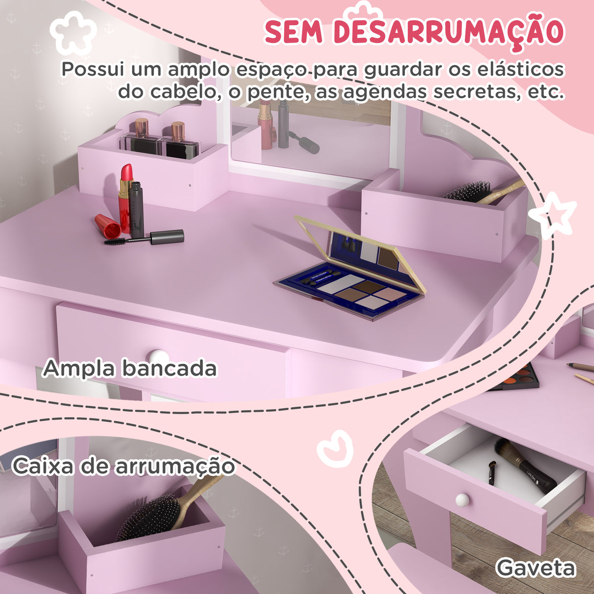 Toucador Infantil para Meninas e Meninos acima de 3 Anos Toucador de Maquilhagem com Banco e Espelho Toucador para Meninas com Gaveta e Caixas de Arrumação em Forma de Nuvem Rosa — foto 5