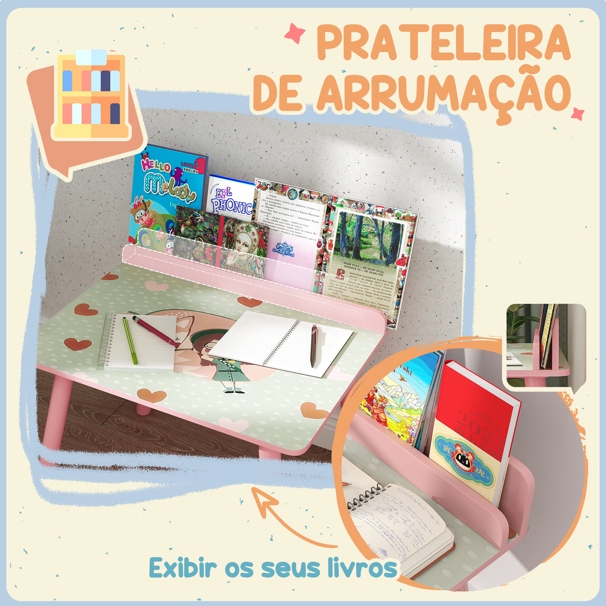 Mesa e Cadeira para Crianças Conjunto de 2 Peás de Mesa Infantil com Cadeira e Prateleira para Livros Secretária para Crianças acima de 3 Anos para Sala de Jogos Dormitório Rosa — foto 5