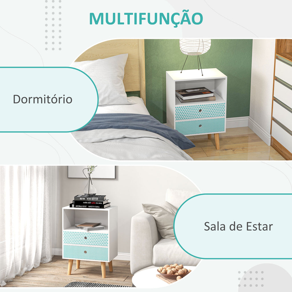 Mesa de Cabeceira com 2 Gavetas e Prateleira Aberta Mesa de Cabeceira Multiuso 45x30x65 cm Branco e Azul — foto 4