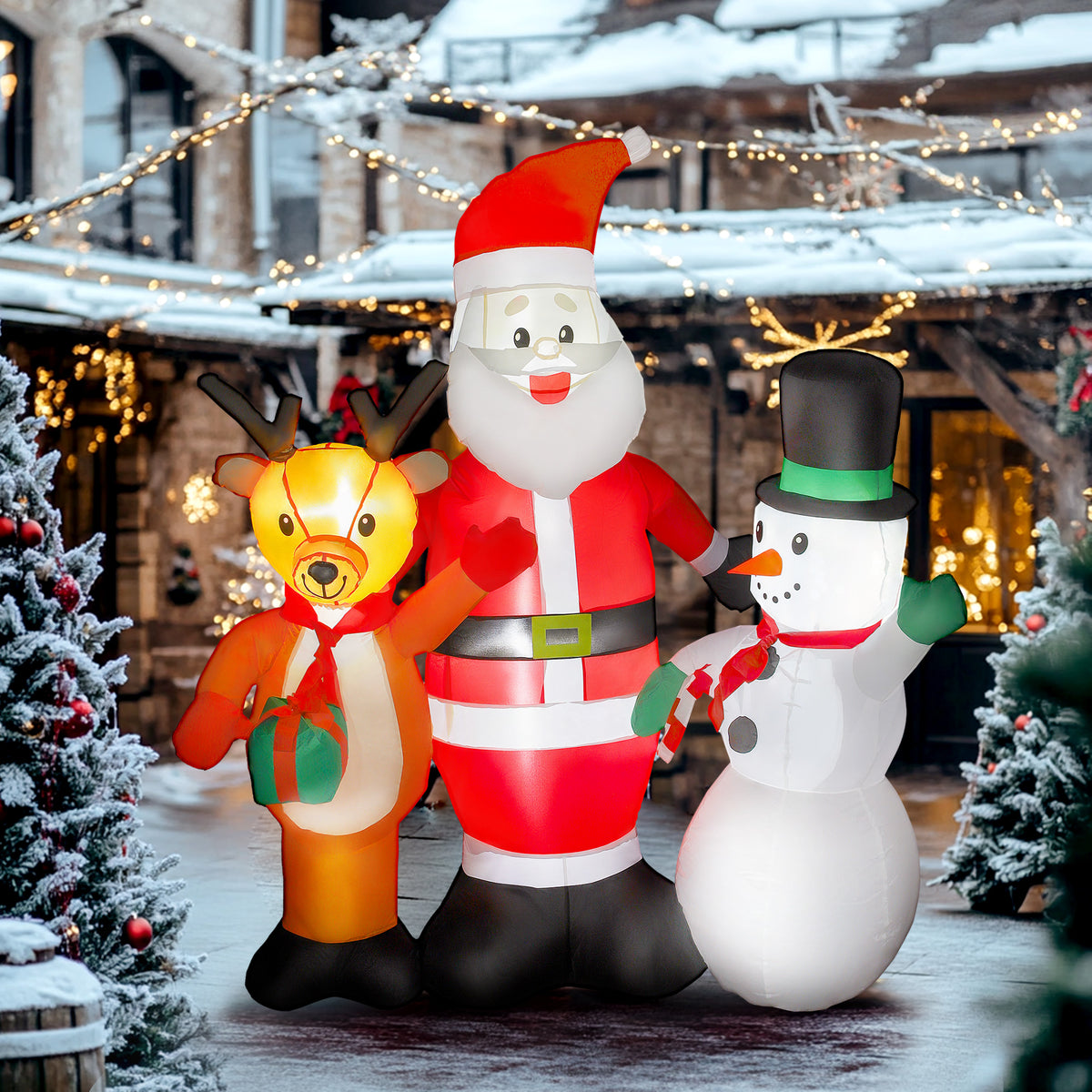 Pai Natal Insuflável 150 cm com Rena e Boneco de Neve Decoração de Natal Insuflável com Luzes LED Inflador Elétrico para Exterior Jardim Relvado 150x45x150 cm Multicor — foto 2