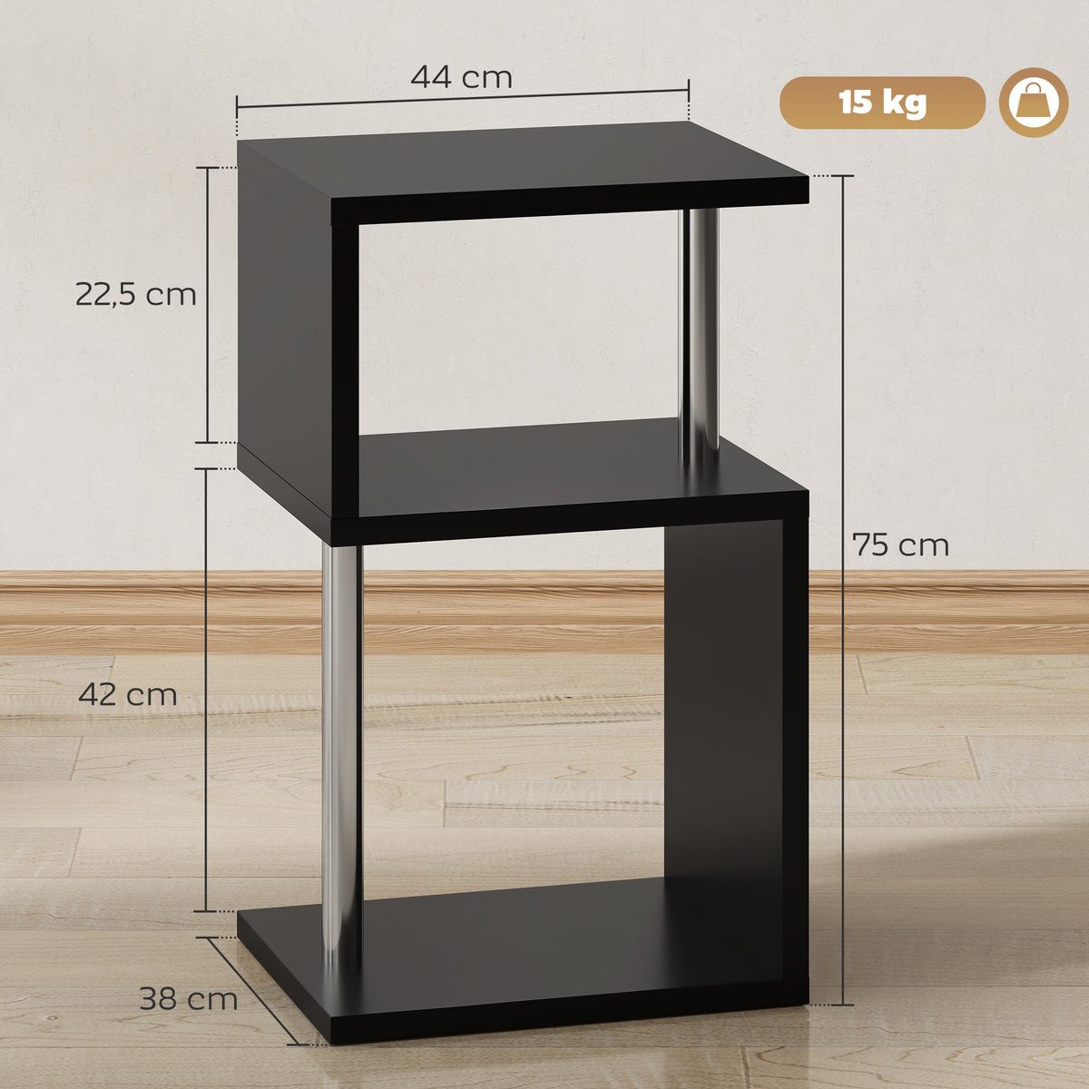 Mesa Auxiliar com Luz LED de 3 Níveis Mesa Auxiliar Moderna com Forma de S Prateleiras Abertas e Estrutura em Alumínio para Sala Quarto 44x38x75 cm Preto Brilhante — foto 3