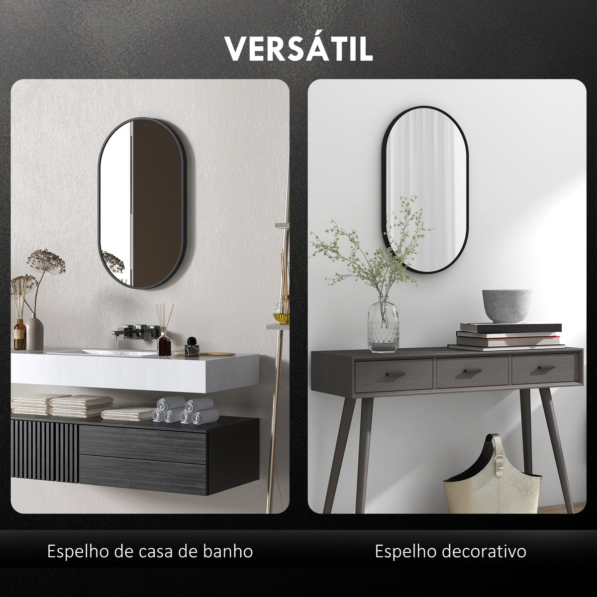 Espelho Casa de Banho Ovalado 60x90 cm Espelho Decorativo de Parede com Estrutura de Alumínio para Sala de Estar Entrada Corredor Horizontal ou Vertical Preto — foto 4