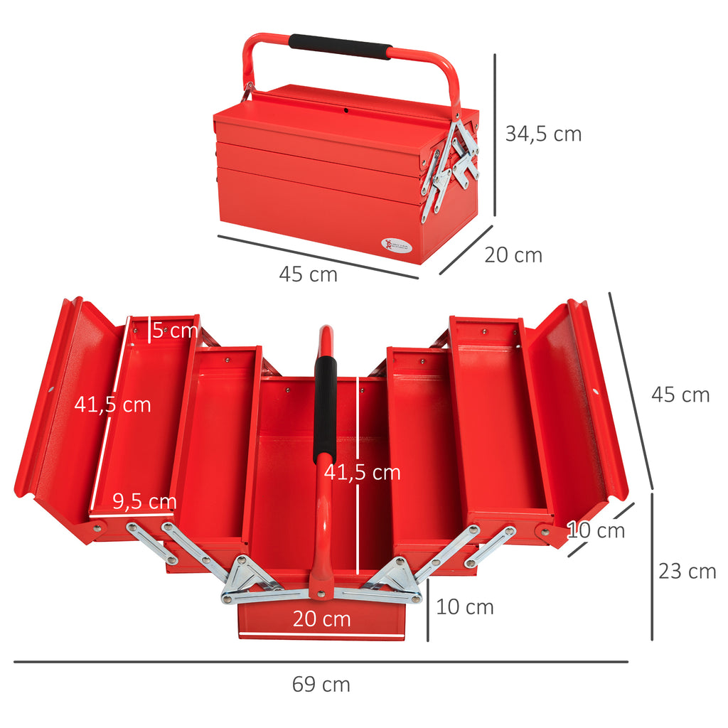Caixa de ferramentas dobrável de aço com 5 compartimentos Maleta de ferramentas com alça 45x22,5x34,5 cm Vermelho — foto 3