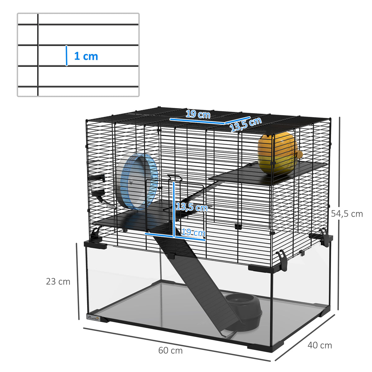 Gaiola para Hamster Gaiola para Roedores Pequenos com Fundo de Vidro Plataformas Comedouro Bebedouro Casa Rampas e Roda de Exercício 60x40x54,5 cm Preto — foto 3