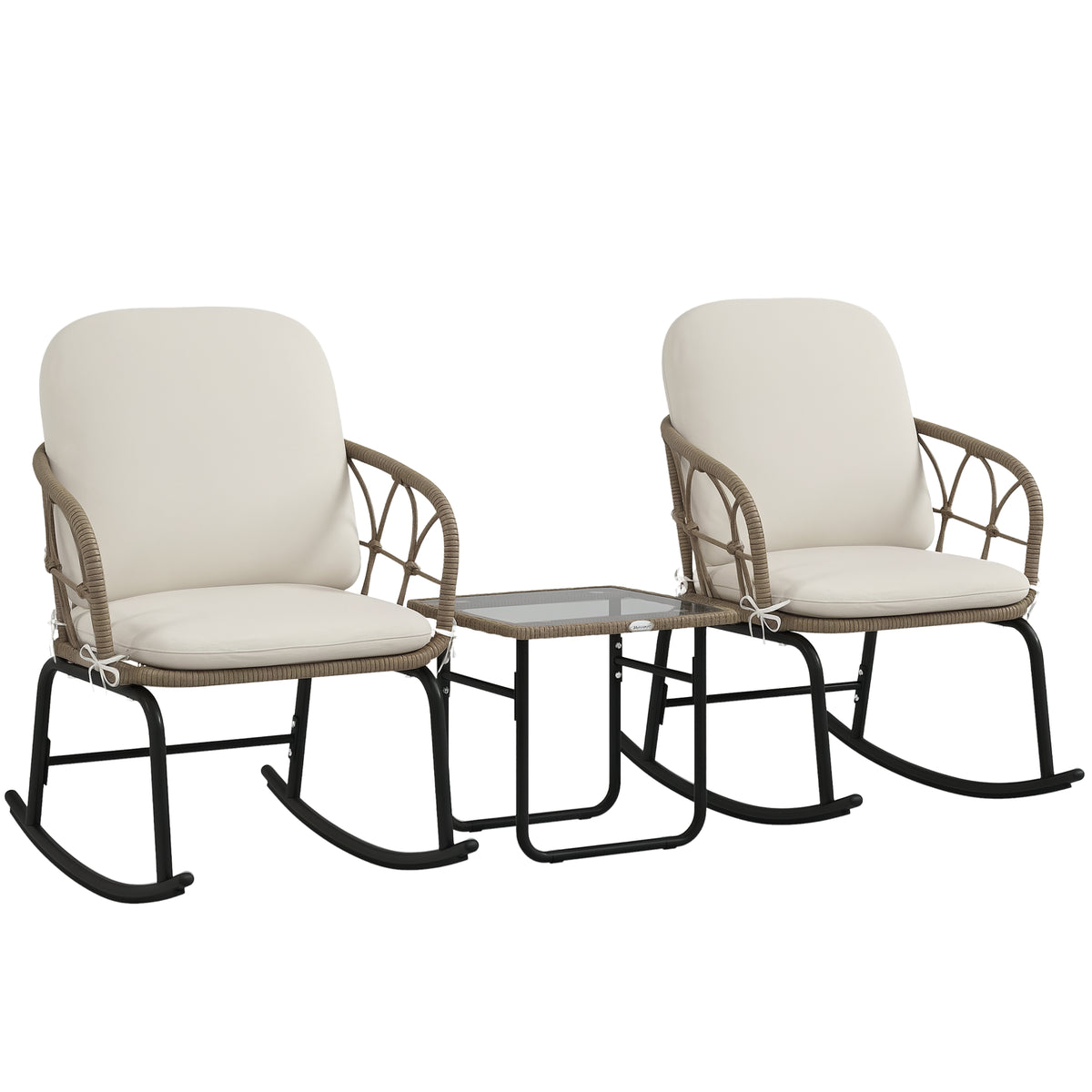 Conjunto de Móveis de Vime de 3 Peças Conjunto de Cadeiras de Baloiço de Jardim com 1 Mesa de Centro 2 Cadeiras de Baloiço e Almofadas para Jardim Varanda e Pátio Creme e Bege — foto 1
